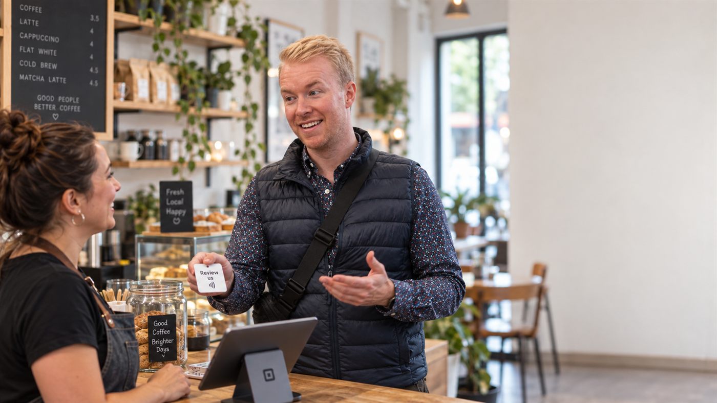 Alex showing a Review us tag to the owner of a coffee shop, across the counter.