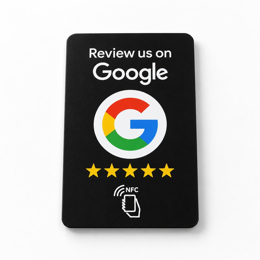 A black NFC review card reading Review us on Google, with five stars.