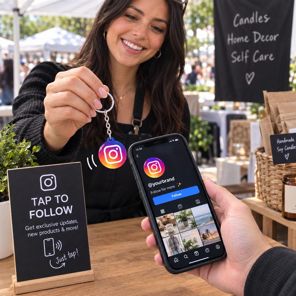 A stallholder holding out a keychain tag as a customer taps their phone on it.