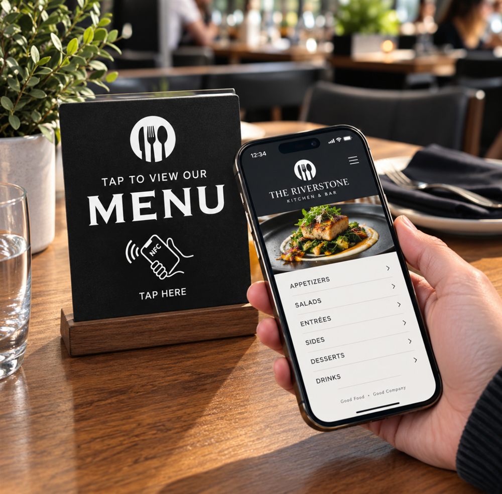 A menu board on a restaurant table beside a phone showing the menu it opened.
