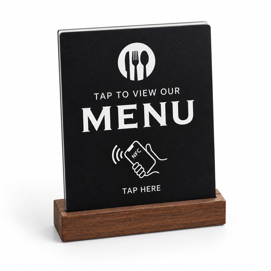 A black Tap to view our menu board seated in a wooden base.