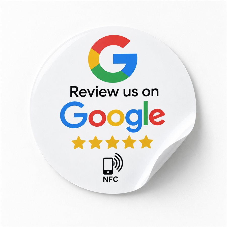 A round white NFC sticker reading Review us on Google, one corner peeling up.